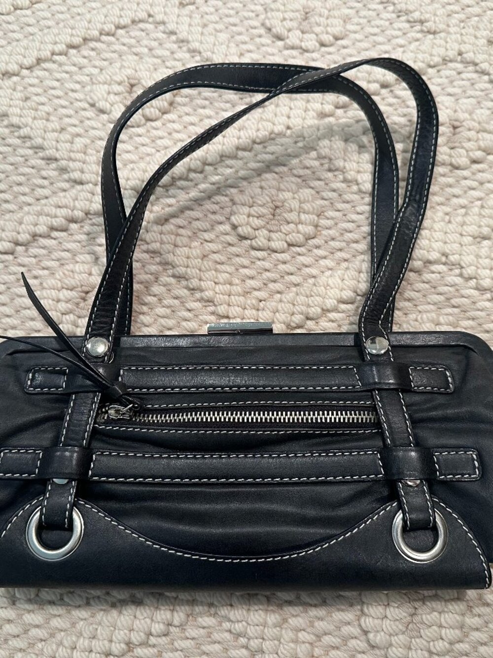 Vintage Cynthia Rowley Black Leather Shoulder Bag Y2K Silver Grommet Hardware